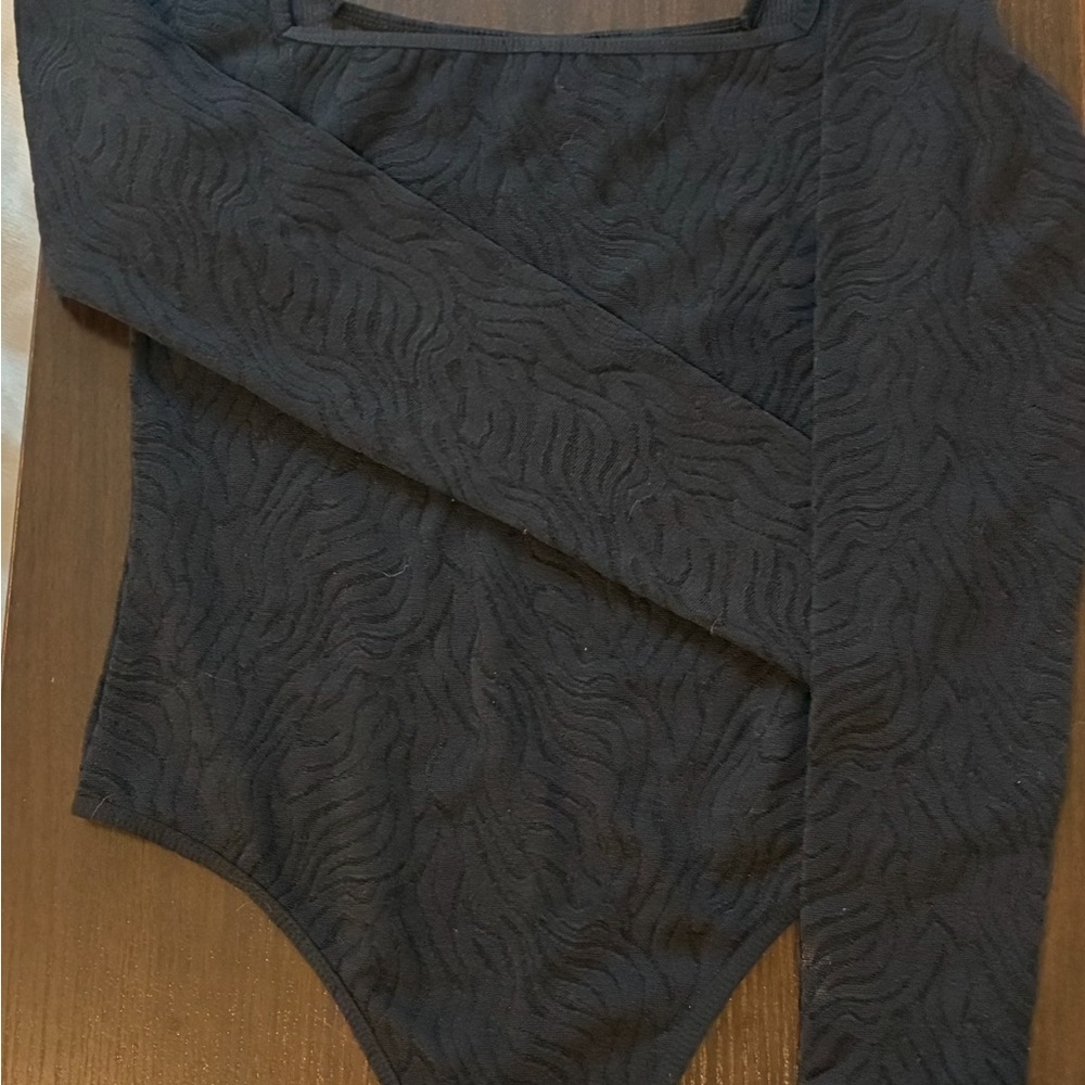 Black Textured Long Sleeve Bodysuit